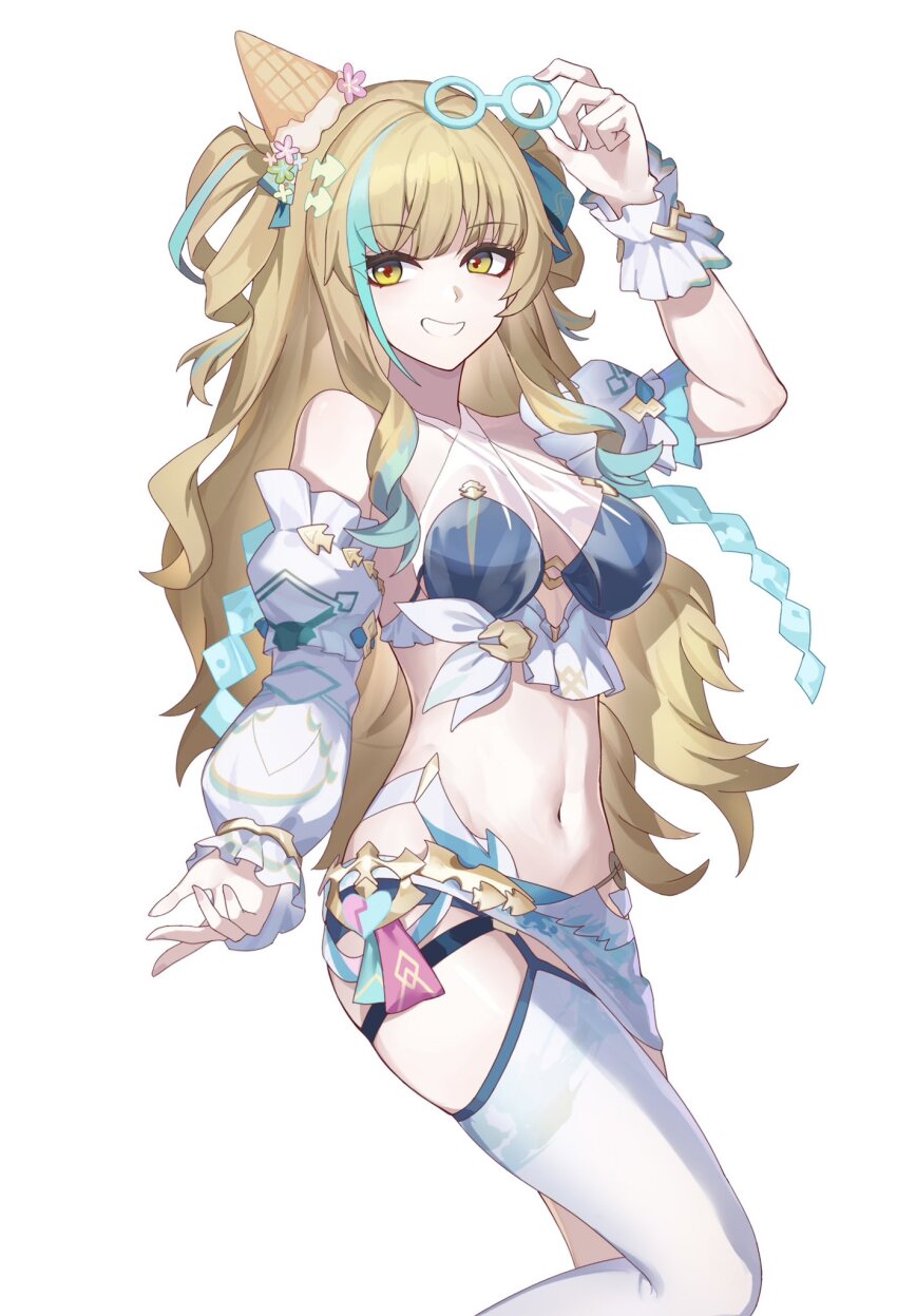 :d, asymmetrical_sleeves, bare_shoulders, bikini, blonde_hair, breasts, drill_hair, hair_ornament