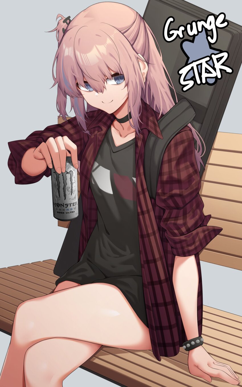 1girl, absurdres, adachi_t_(xadachit), black_choker, black_shirt, blue_eyes, bracelet, can, choker, crossed_legs, girls'_frontline, grunge_(fashion), hair_ornament, highres, holding, holding_can, jewelry, long_hair, looking_at_viewer, monster_energy, multicolored_hair, on_bench, one_side_up, pink_hair, shirt, sitting, smile, solo, st_ar-15_(girls'_frontline), streaked_hair, v-neck, weapon_case