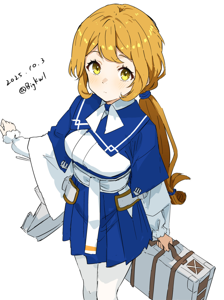 1girl, absurdres, bigkwl, blue_skirt, breasts, brown_eyes, brown_hair, dated