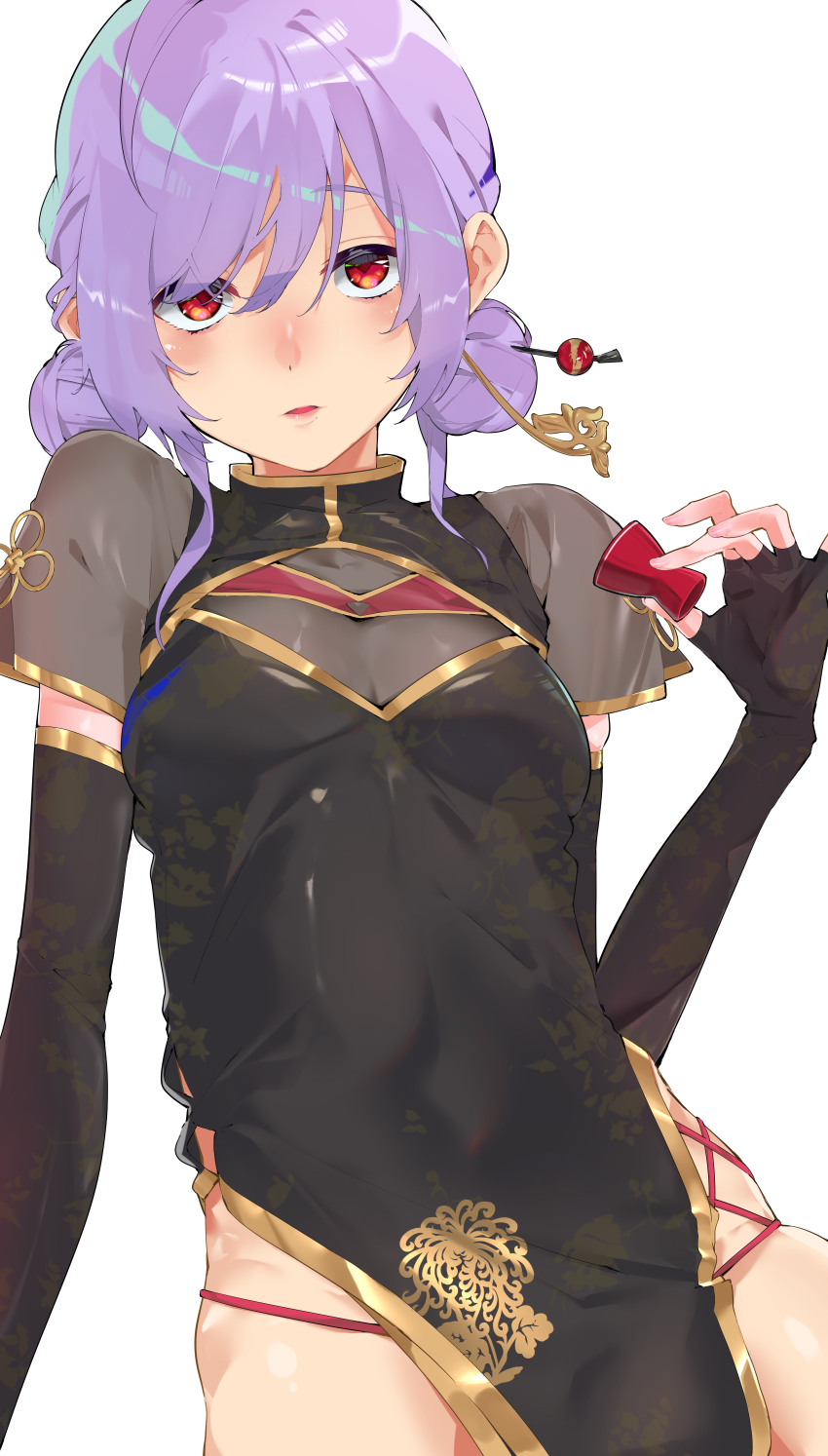 1girl, absurdres, black_dress, black_gloves, black_shrug, breasts, china_dress, chinese_clothes, chinese_hairpin, chinese_knot, cleavage, cleavage_cutout, clothing_cutout, collared_shrug, commentary_request, cowboy_shot, double_bun, dress, elbow_gloves, fingerless_gloves, flower_knot, gloves, grey_background, hair_bun, hair_ornament, hair_stick, hand_up, highres, holding, indie_virtual_youtuber, leaning_to_the_side, looking_at_viewer, medium_hair, org765, panties, parted_lips, purple_hair, red_eyes, red_panties, shrug_(clothing), side_slit, simple_background, sleeveless_shrug, small_breasts, solo, string_panties, swept_bangs, takatsuki_ritsu, underwear, virtual_youtuber
