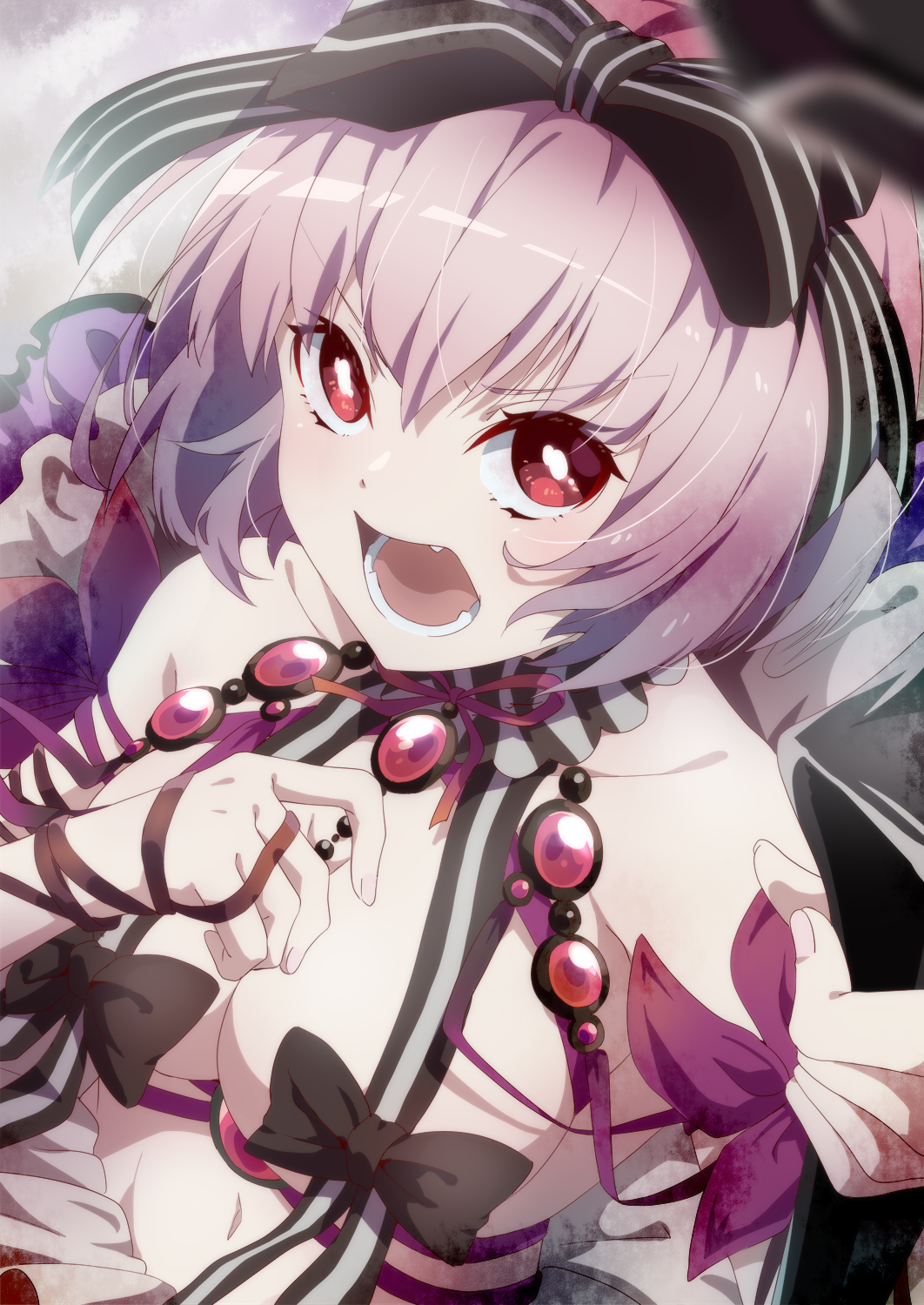 1girl, belle_(mementomori), black_bow, bow, breasts, choker, cleavage, fang