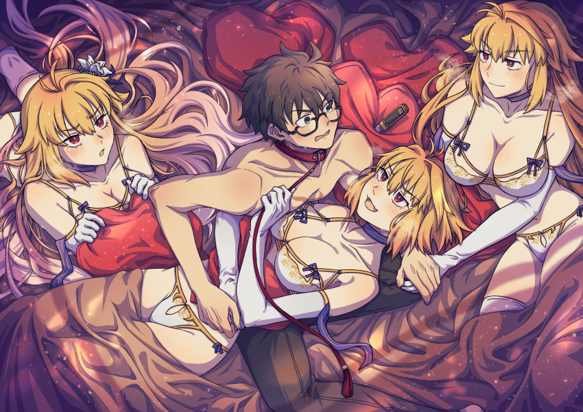 1boy, 3girls, archetype_earth, archetype_earth_(third_ascension), arcueid_brunestud, black_hair, blonde_hair, blush