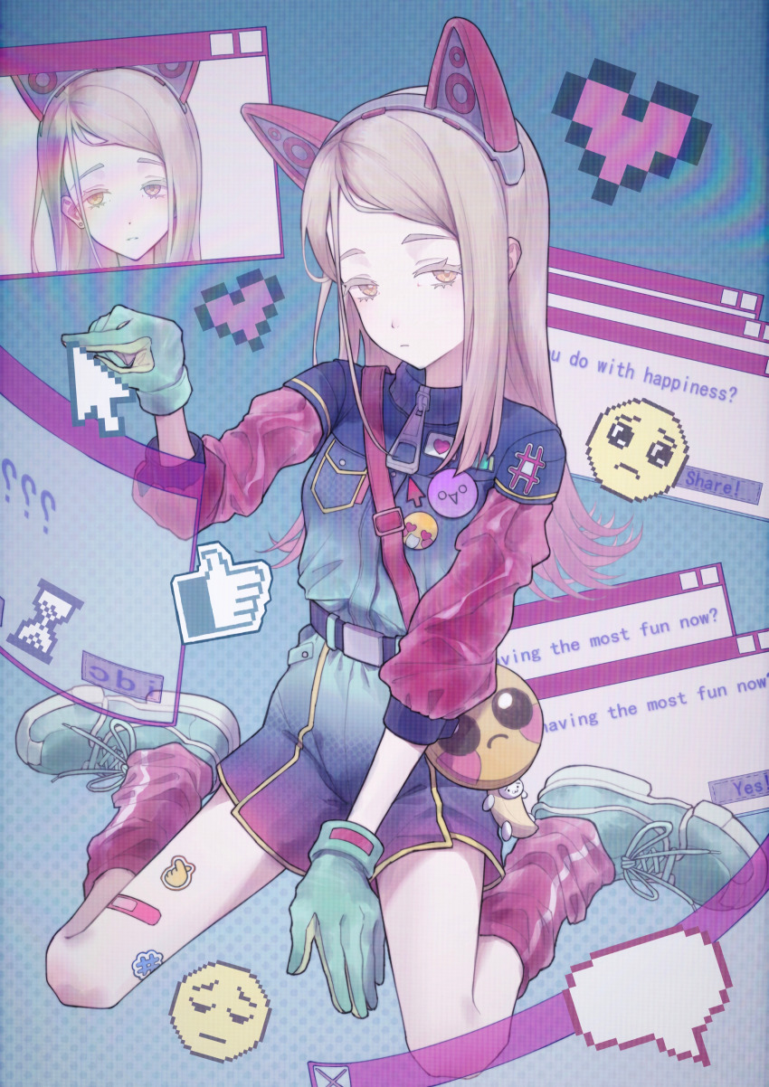 1girl, absurdres, animal_ear_hairband, animal_ears, badge, bag, belt, between_legs