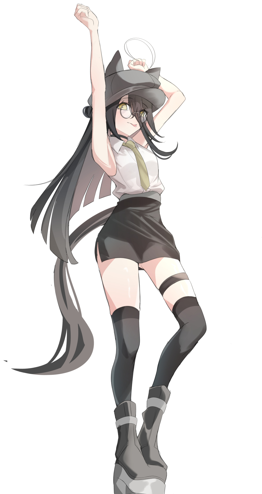 1girl, :p, absurdres, animal_ears, armpit_focus, armpits, arms_up, black_hair