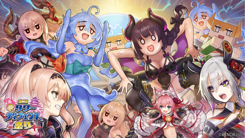 6+girls, aqua_eyes, black_hair, black_thighhighs, blonde_hair, blue_hair, breasts, cleavage