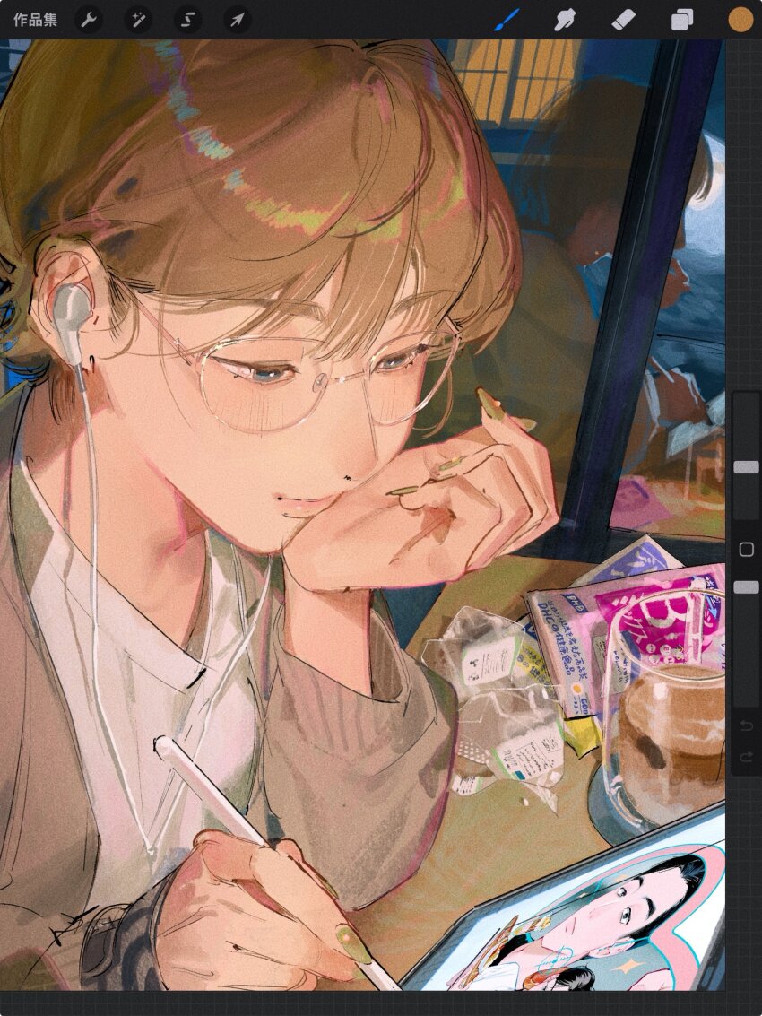 1girl, amo_(amo_0514), art_program_in_frame, blue_eyes, blush, brown_cardigan, brown_hair, brown_nails