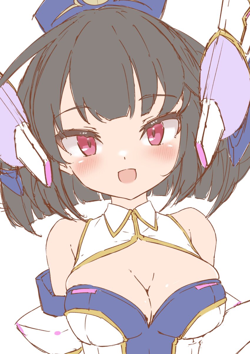 1girl, absurdres, android, black_hair, blue_dress, blue_hat, breasts, cleavage, collar, dress, elbow_gloves, emil_chronicle_online, gloves, hat, highres, kaguya_(eco), large_breasts, looking_at_viewer, open_mouth, red_eyes, robot_ears, silver-index, solo, two-tone_dress, upper_body, white_background, white_collar, white_dress, white_gloves