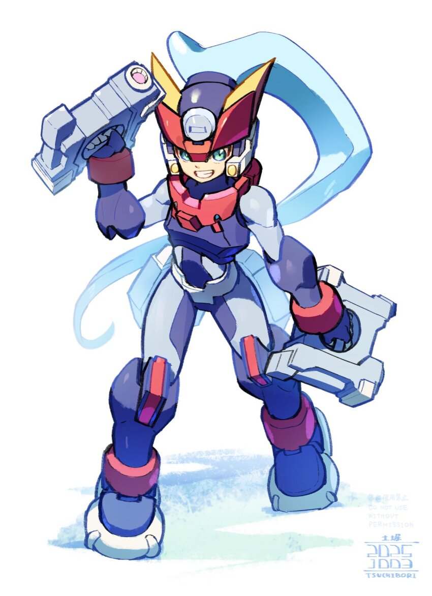 1girl, armor, ashe_(mega_man), blue_hair, dual_wielding, full_body, green_eyes, gun