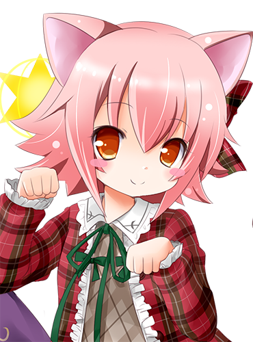 1girl, akino_sakura, alternate_costume, animal_ears, blush_stickers, brown_shirt, cat_ears, cat_girl, checkered_clothes, checkered_jacket, checkered_shirt, emil_chronicle_online, green_ribbon, hair_ribbon, jacket, lowres, neck_ribbon, nekomata_momo, orange_eyes, paw_pose, pink_hair, red_jacket, red_ribbon, ribbon, shirt, smile, solo, star_(symbol), upper_body