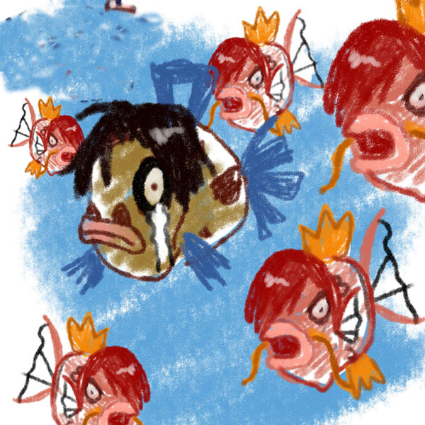 angry, cosplay, feebas, gen_1_pokemon, gen_3_pokemon, kusanagi_kyo_(cosplay), magikarp, nintendo, pokemon, rekkuja, snk, tears, the_king_of_fighters, what, yagami_iori_(cosplay)