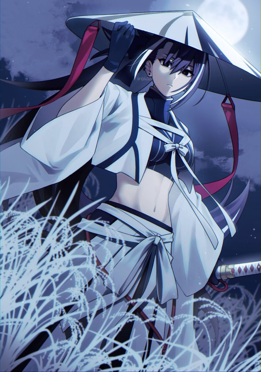 1girl, black_eyes, black_gloves, black_hair, ear_piercing, fate/grand_order, fate_(series), fjfs522