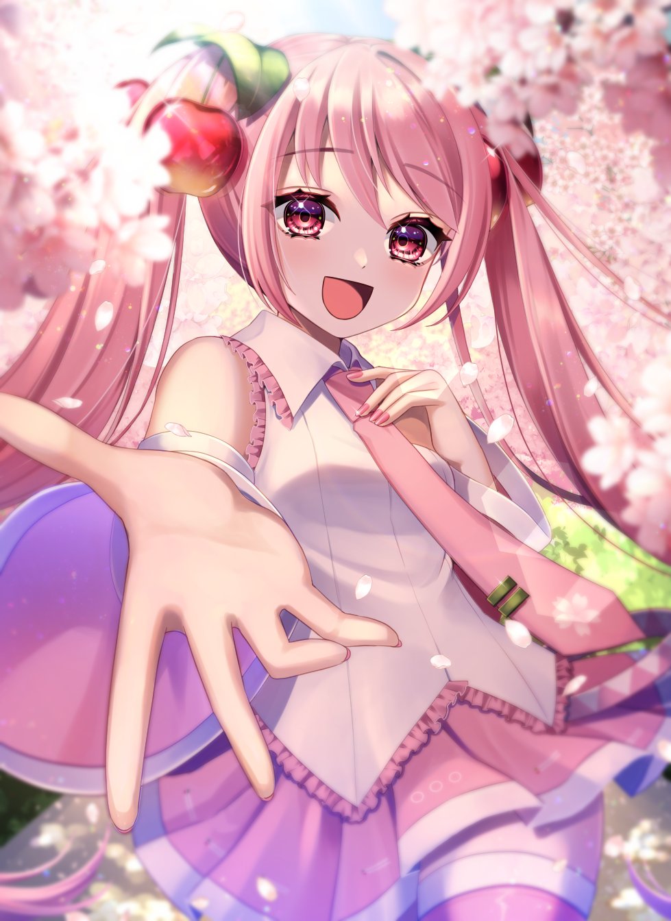 1girl, blush, cherry_blossoms, cherry_hair_ornament, collared_shirt, detached_sleeves, ewokaku335, food-themed_hair_ornament