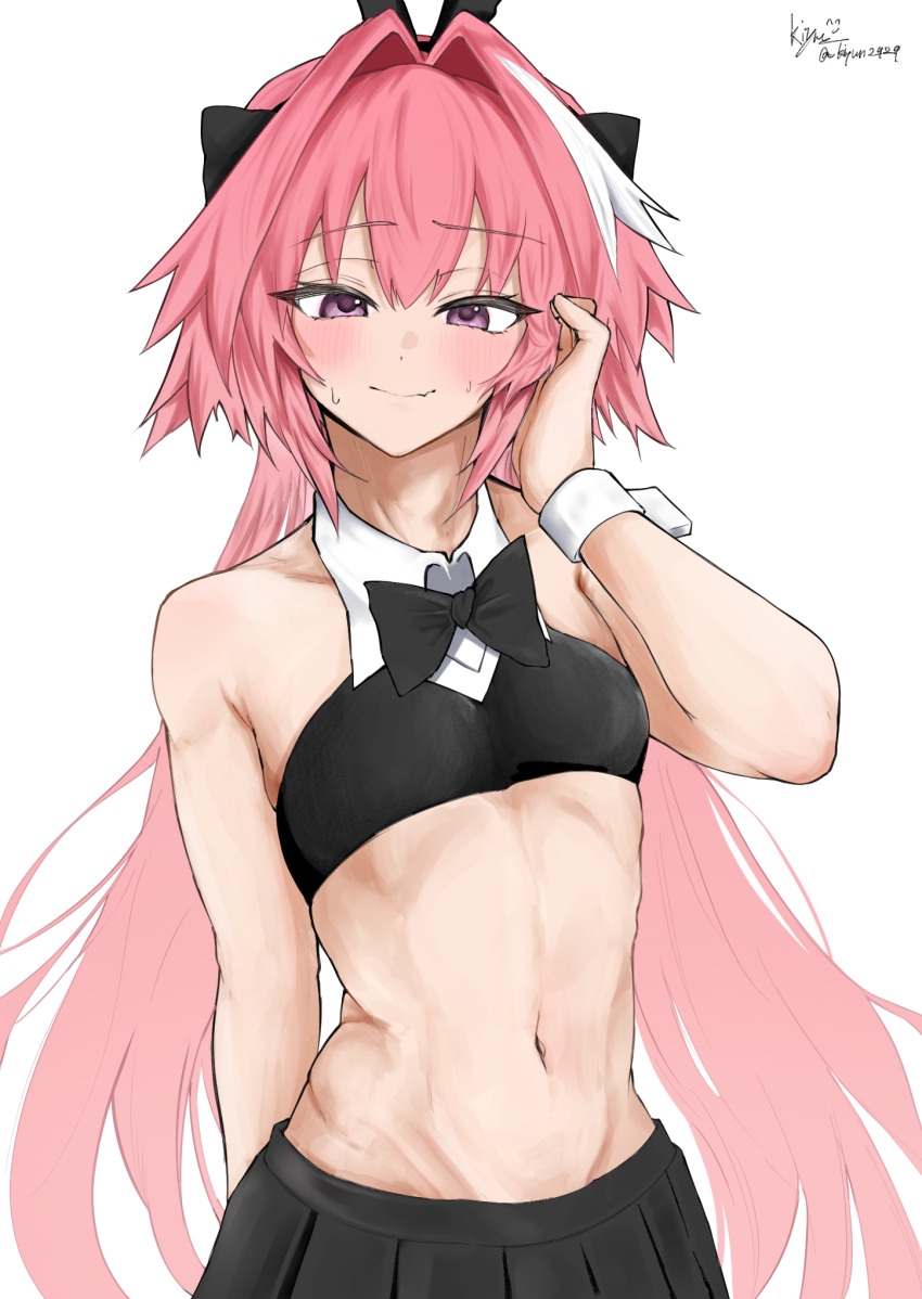 1boy, androgynous, artist_name, astolfo_(fate), astolfo_(saber)_(fate), astolfo_(saber)_(first_ascension)_(fate), bare_shoulders, black_bow, black_bowtie, black_tube_top, blush, bow, bowtie, collar, collarbone, commentary, cowboy_shot, crossdressing, crossdressing_(mtf), detached_collar, english_commentary, fang, fate/grand_order, fate_(series), hair_bow, hair_intakes, hand_in_own_hair, highres, kamimiya_ramada, long_hair, male_focus, midriff, miniskirt, mixed-language_commentary, multiple_hair_bows, navel, official_alternate_costume, pink_hair, pleated_skirt, purple_eyes, single_hair_streak, skin_fang, skirt, solo, stomach, strapless, sweat, trap, tube_top, twintails, very_long_hair, white_background, white_collar, white_hair