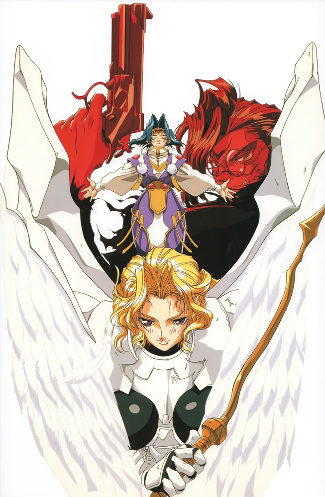 angel_wings, armor, blonde_hair, blue_hair, bow_(weapon), breasts, closed_eyes, coat, colored_skin, evil_smile, glasses, gun, handgun, headband, kotobuki_tsukasa, master_(battle_arena_toshinden), parted_bangs, pistol, purple_eyes, red_hair, red_skin, short_hair, smile, toushinden, uranus_(battle_arena_toshinden), vermillion_(battle_arena_toshinden), vermillion_(toshinden), weapon, wings