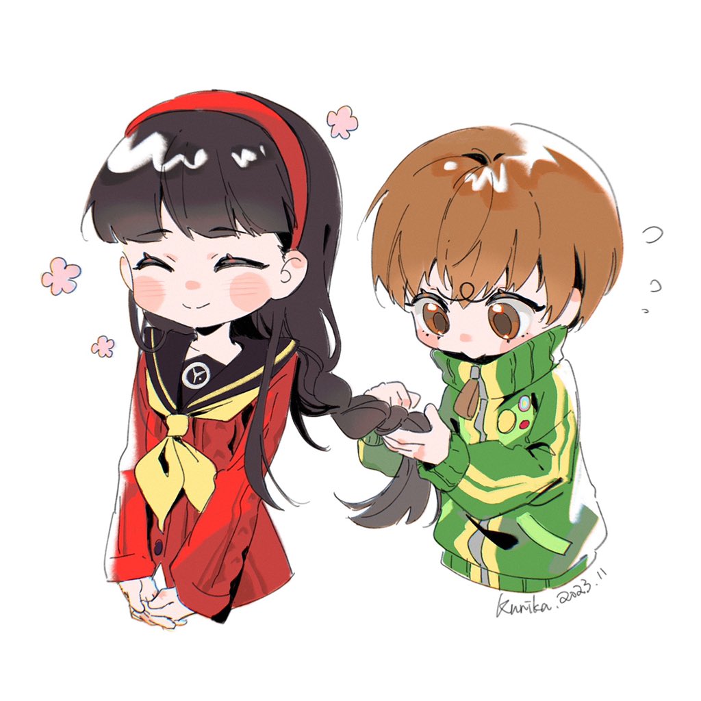 2girls, alternate_hairstyle, amagi_yukiko, badge, black_hair, blue_sailor_collar, blunt_bangs, blush