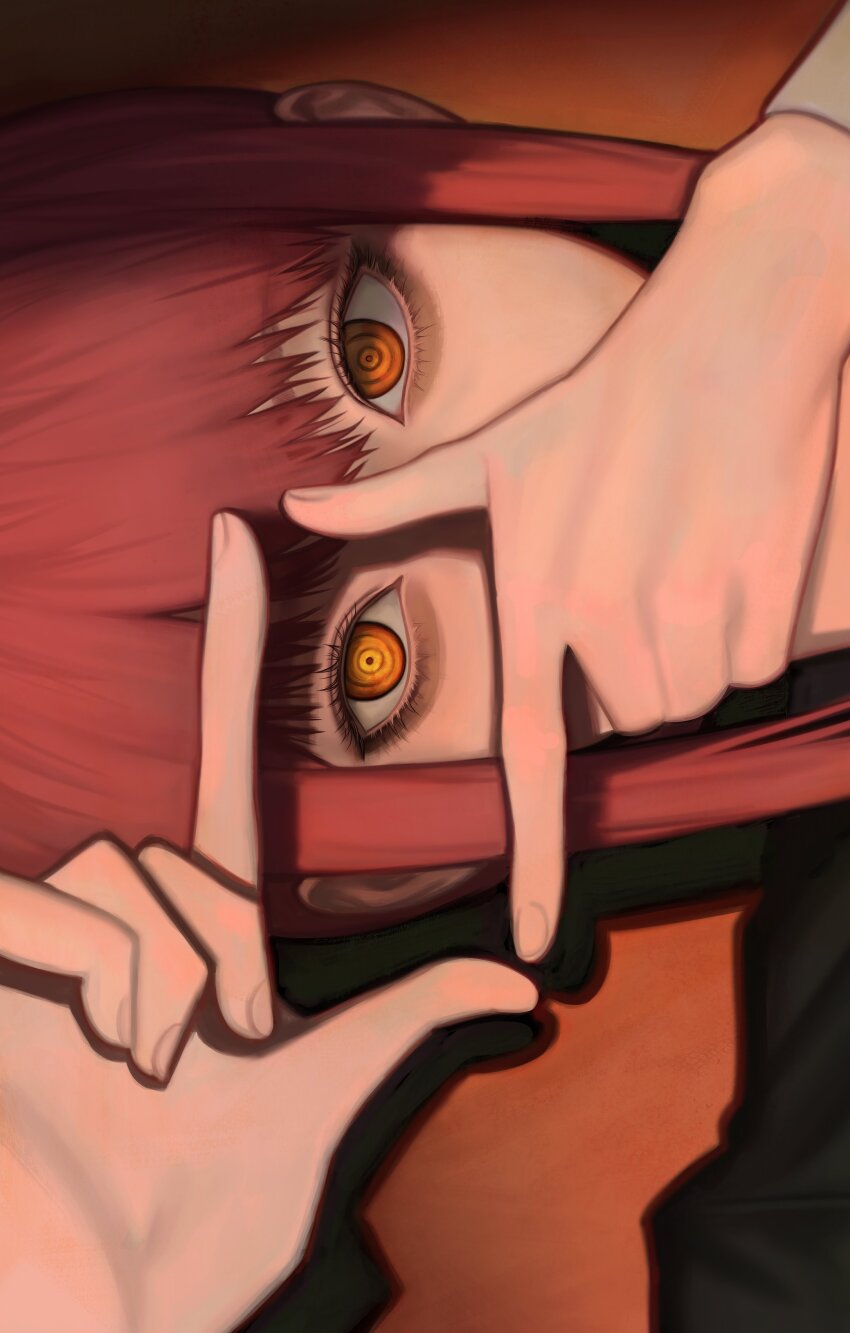 1girl, absurdres, chainsaw_man, covering_own_mouth, demon_girl, eyelashes, finger_frame, hand_over_own_mouth