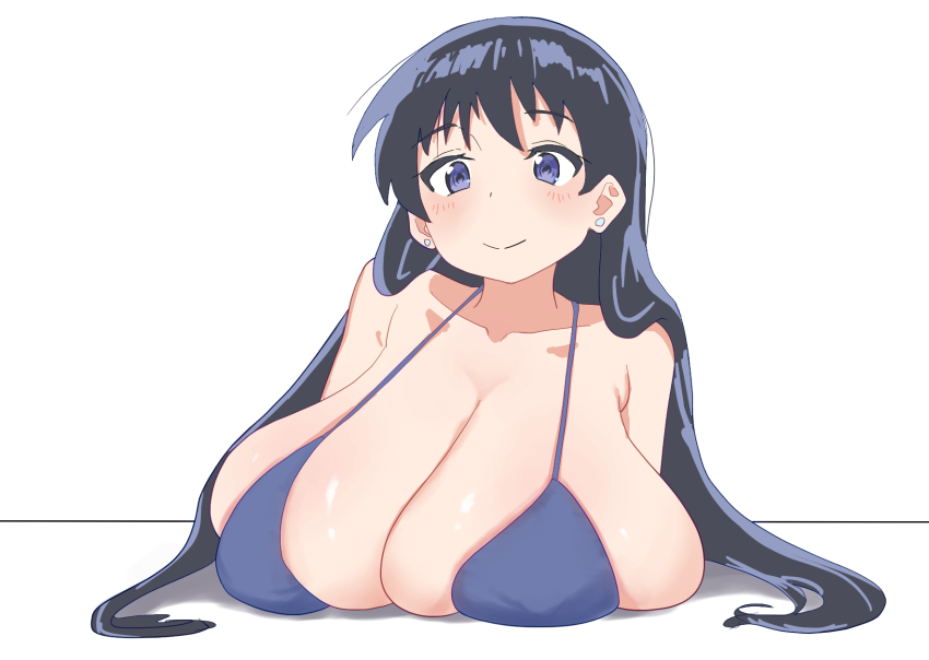 1girl, arato_nagi, bare_arms, bikini, black_hair, blush, breast_rest, breasts