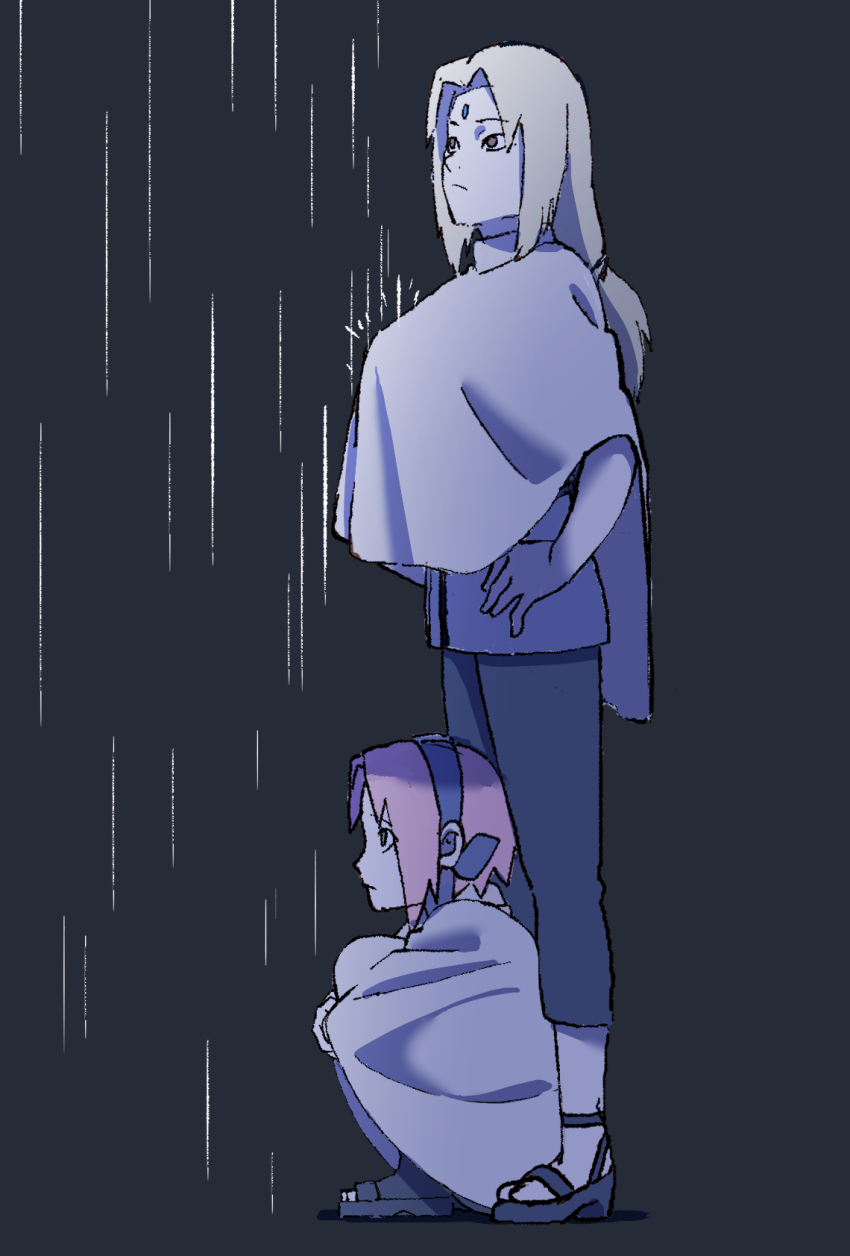 2girls, blonde_hair, blue_hairband, breasts, ebata_kyouhei, facial_mark, forehead_mark, forehead_protector