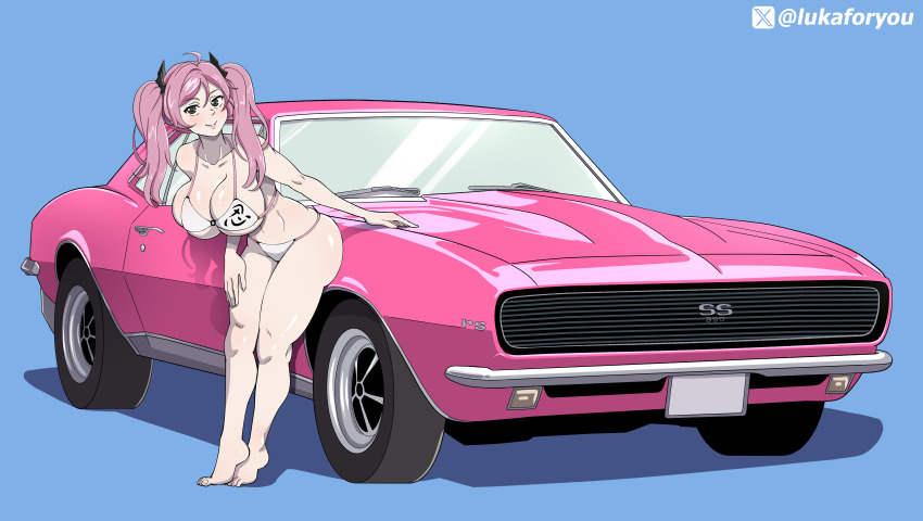 1girl, absurdres, ass, bikini, bikini_warriors, black_bow, blue_background, bow, breasts, car, chevrolet, chevrolet_camaro, grey_eyes, highres, huge_ass, huge_breasts, kunoichi_(bikini_warriors), large_breasts, lukaforyou, micro_bikini, motor_vehicle, muscle_car, pink_car, pink_hair, pinup_(style), solo, swimsuit, twitter_logo, white_bikini