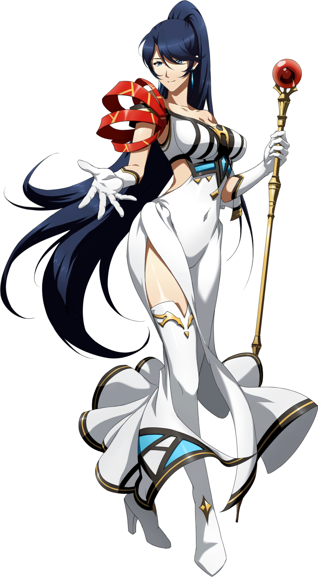 1girl, alternate_costume, bare_shoulders, blue_eyes, blue_hair, boots, breasts, cleavage, closed_mouth, collarbone, covered_navel, crossed_legs, crystal, dress, earrings, elbow_gloves, floating_hair, full_body, game_cg, gem, gloves, high_heel_boots, high_heels, high_ponytail, highres, holding, holding_staff, jessica_(langrisser), jewelry, langrisser, langrisser_mobile, large_breasts, light_smile, long_hair, looking_at_viewer, mage_staff, off-shoulder_dress, off_shoulder, offering_hand, offering_hand_to_another, official_alternate_costume, official_art, outstretched_hand, ponytail, reaching, reaching_towards_viewer, red_gem, side_slit, sideless_dress, sleeveless, solo, staff, standing, tachi-e, thigh_boots, third-party_source, transparent_background, urushihara_satoshi_(style), very_long_hair, white_boots, white_dress, white_gloves