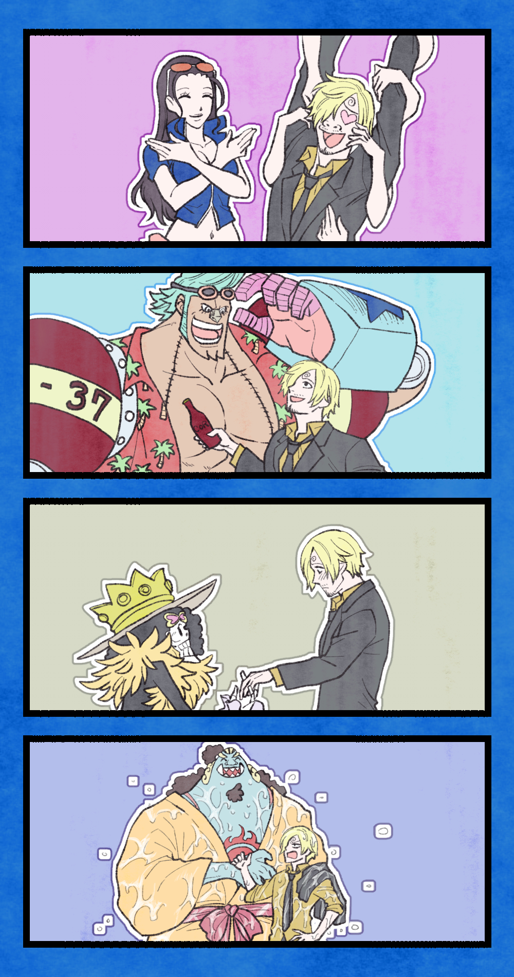 1girl, 2025, 4boys, ^_^, afro, arms_up, aska_makoto, black_hair, black_suit, blonde_hair, blue_hair, blue_skin, bottle, branded, brook_(one_piece), closed_eyes, colored_skin, commentary_request, crossed_arms, crown, cyborg, devil_fruit_power, extra_arms, eyewear_on_head, facial_hair, feather_boa, formal_clothes, franky_(one_piece), goatee, hair_over_one_eye, hair_slicked_back, hana_hana_no_mi, hat, heart, heart-shaped_pupils, highres, holding, holding_bottle, japanese_clothes, jinbe_(one_piece), kimono, long_hair, looking_at_another, multiple_boys, necktie, nico_robin, nico_robin_(return_to_sabaody), official_alternate_costume, one_piece, orange-tinted_eyewear, orange_kimono, pompadour, sanji_(one_piece), sash, sharp_teeth, sideburns, size_difference, skeleton, suit, symbol-shaped_pupils, teeth, tinted_eyewear