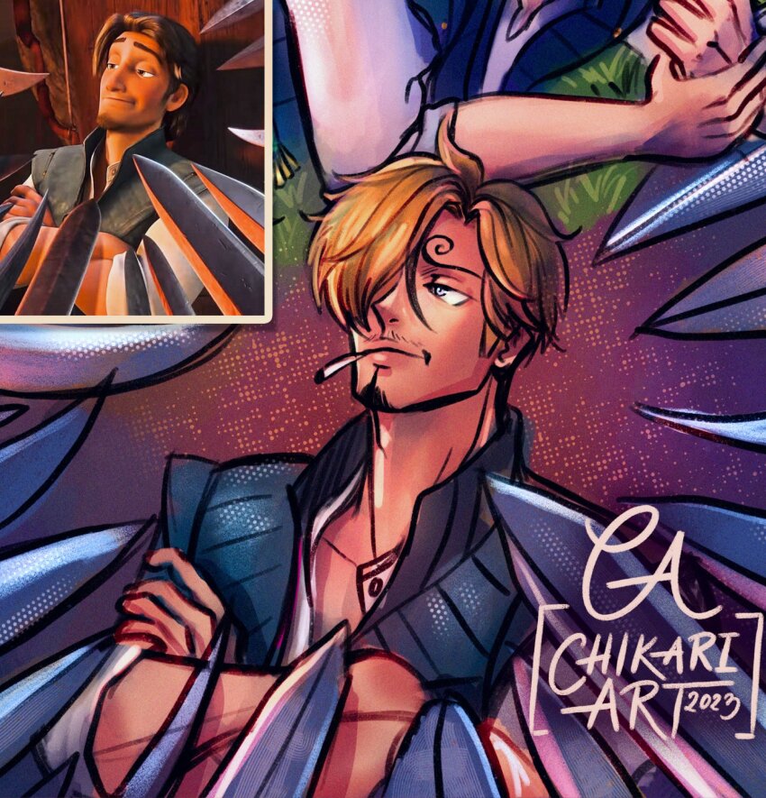 blonde_hair, brown_hair, chikariart, cigarette, closed_mouth, cosplay, curly_eyebrows, facial_hair