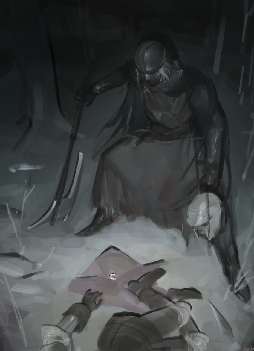 2boys, armor, armored_boots, axe, boots, cape, chainmail, commentary