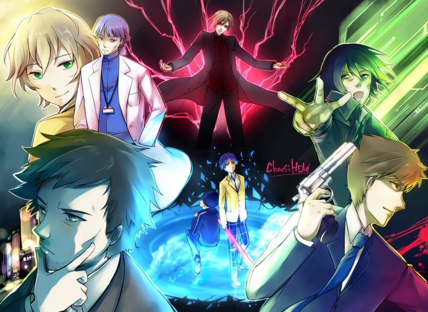 6+boys, ban_yasuji, beard_stubble, black_hair, blonde_hair, brown_hair, chaos;head, d-sword, everyone, facial_hair, green_eyes, gun, hatano_issei, holding, holding_sword, holding_weapon, long_hair, male_focus, misumi_daisuke, multiple_boys, necktie, nishijou_takumi, norose_gen'ichi, open_mouth, purple_hair, rimorimo, school_uniform, science_adventure, shogun_(chaos;head), short_hair, stubble, suimei_academy_school_uniform, suwa_mamoru, sword, takashina_fumio, weapon