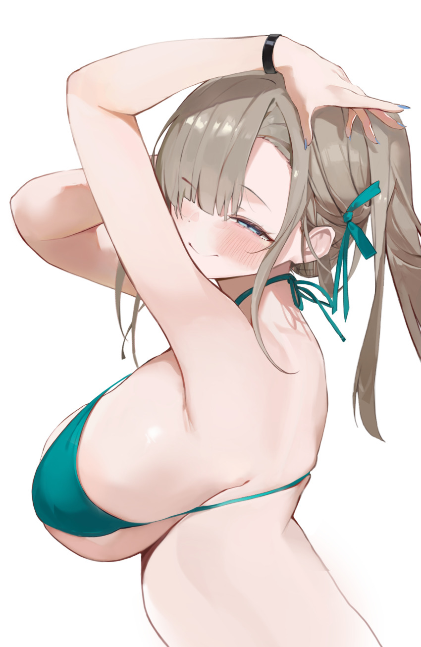 1girl, arm_up, asuna_(blue_archive), bare_shoulders, bikini, blue_archive, blue_eyes, blush