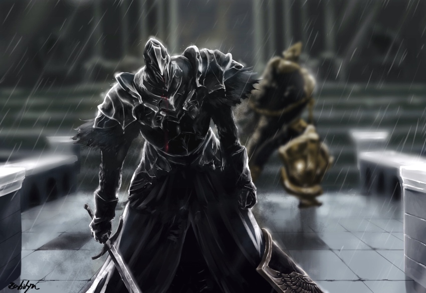 2boys, armor, babilyn02, black_armor, blood, blurry, blurry_background, breastplate, commentary_request, cowboy_shot, dark_souls_(series), dark_souls_ii, full_armor, fume_knight, gauntlets, gold_armor, helm, helmet, holding, holding_sword, holding_weapon, in-universe_location, knight, male_focus, multiple_boys, outdoors, rain, signature, solo_focus, sword, tile_floor, tiles, velstadt_the_royal_aegis, weapon