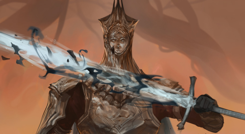 1boy, armor, black_gloves, breastplate, brown_background, burnt_ivory_king, commentary, dark_souls_(series)