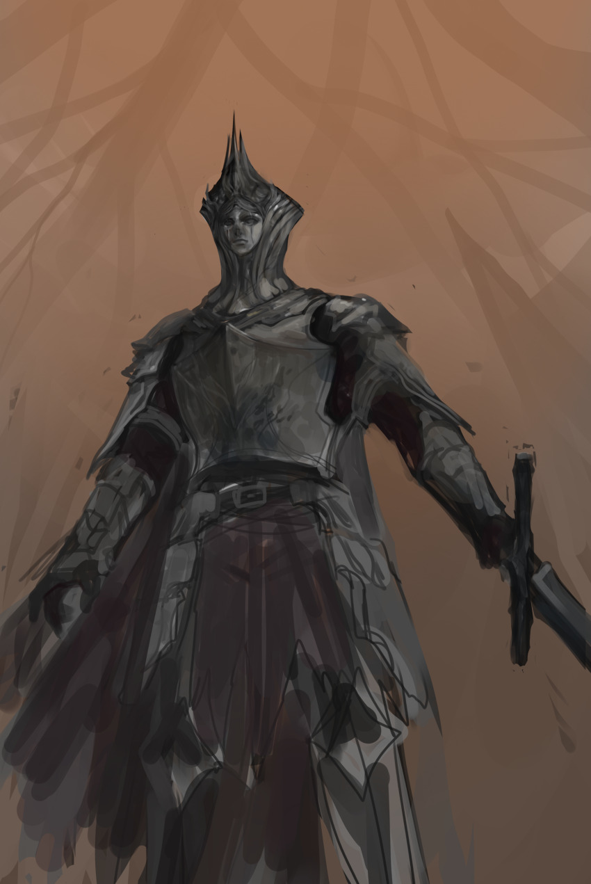 1boy, absurdres, armor, breastplate, brown_background, burnt_ivory_king, commentary, cowboy_shot