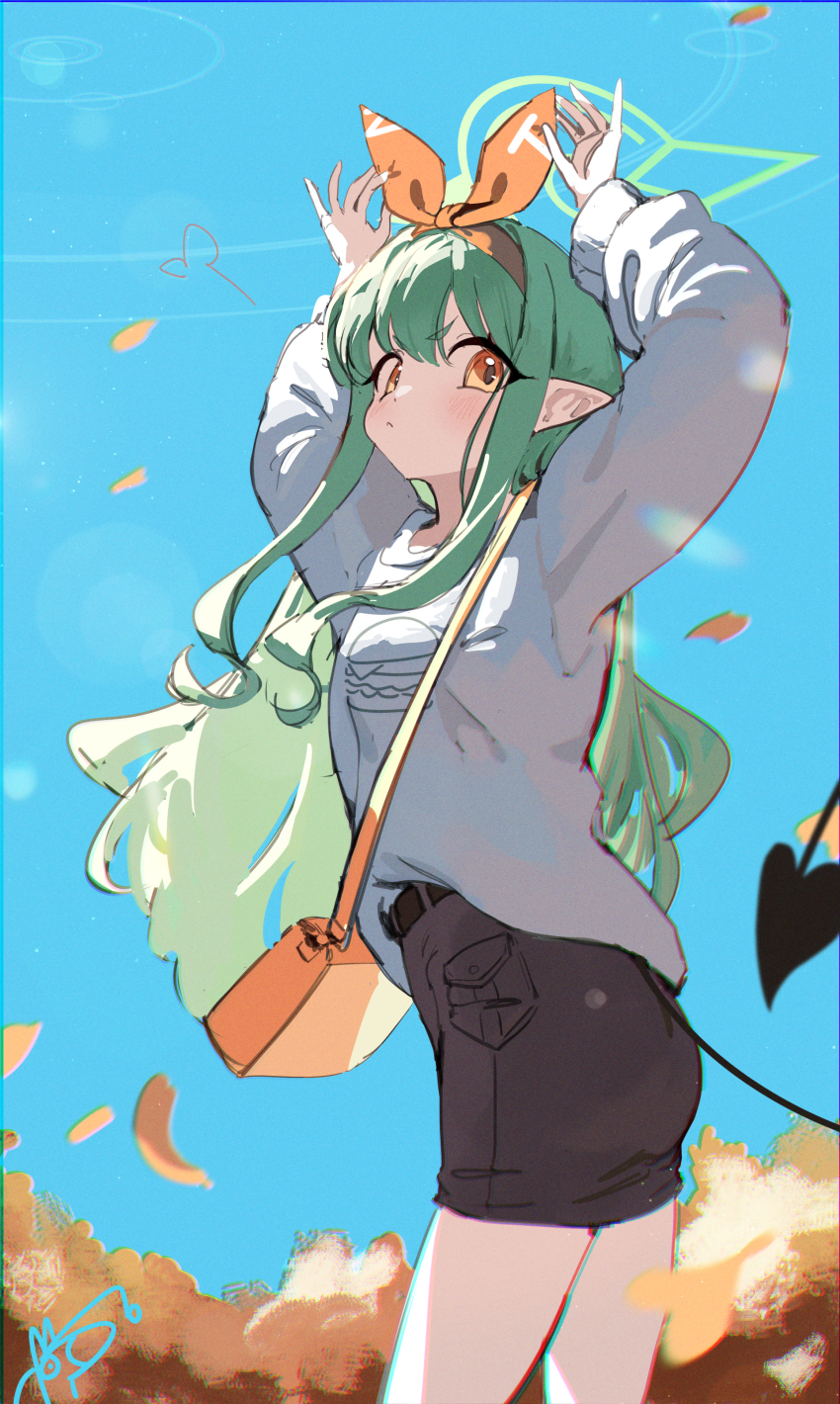 1girl, :/, absurdres, arms_up, blue_archive, blush, brown_skirt, commentary