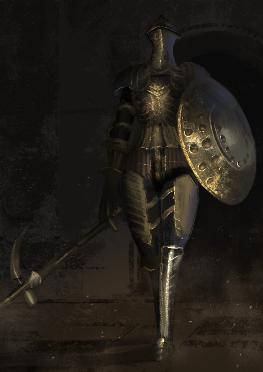 absurdres, armor, armored_boots, asaki_(asaki_vision), boots, breastplate, commentary_request, dark_souls_(series), dark_souls_ii, full_body, gold_armor, highres, holding, holding_mace, holding_shield, holding_weapon, knight, living_armor, mace, no_humans, pauldrons, ruin_sentinel, shield, shoulder_armor, solo, walking, weapon