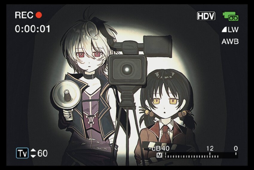 2girls, 7umu91, ahoge, androgynous, ascot, bandaged_arm, bandages, black_collar