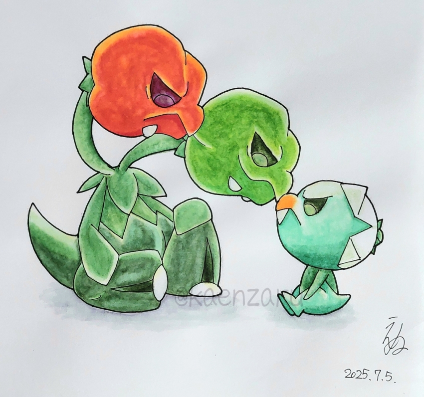 capsakid, closed_mouth, commentary_request, dated, evolutionary_line, full_body, kaenzaru, multiple_heads, nintendo, no_humans, noses_touching, pokemon, pokemon_(creature), scovillain, simple_background, sitting, smile, tooth, traditional_media