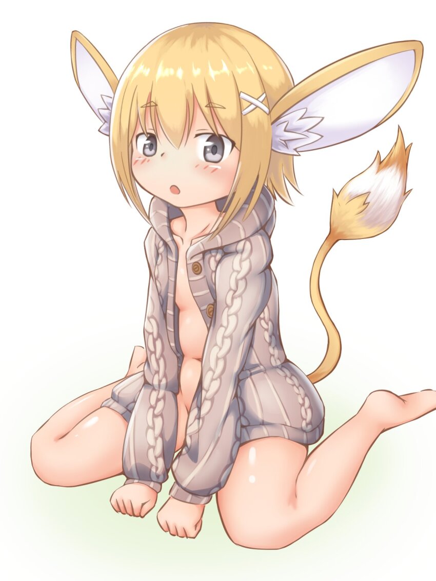 1girl, animal_ears, barefoot, blonde_hair, blush, breasts, emil_chronicle_online, grey_eyes, hair_ornament, hairclip, highres, mouse_ears, mouse_girl, mouse_tail, naked_sweater, navel, open_mouth, sandrat_alma, silver-index, sitting, small_breasts, solo, sweater, tail, wariza, white_background, white_sweater