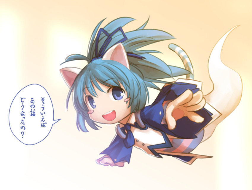 1girl, animal_ears, animal_hands, blue_bow, blue_eyes, blue_hair, blue_shirt, blue_skirt, blush_stickers, bow, cat_ears, cat_girl, cat_tail, emil_chronicle_online, flying, ghost_girl, ghost_tail, hair_bow, kasuga_yukihito, looking_at_viewer, nekomata_sora, open_mouth, pink_skirt, ponytail, shirt, skirt, solo, speech_bubble, striped_clothes, striped_skirt, tail, two-tone_shirt, white_shirt, yellow_background