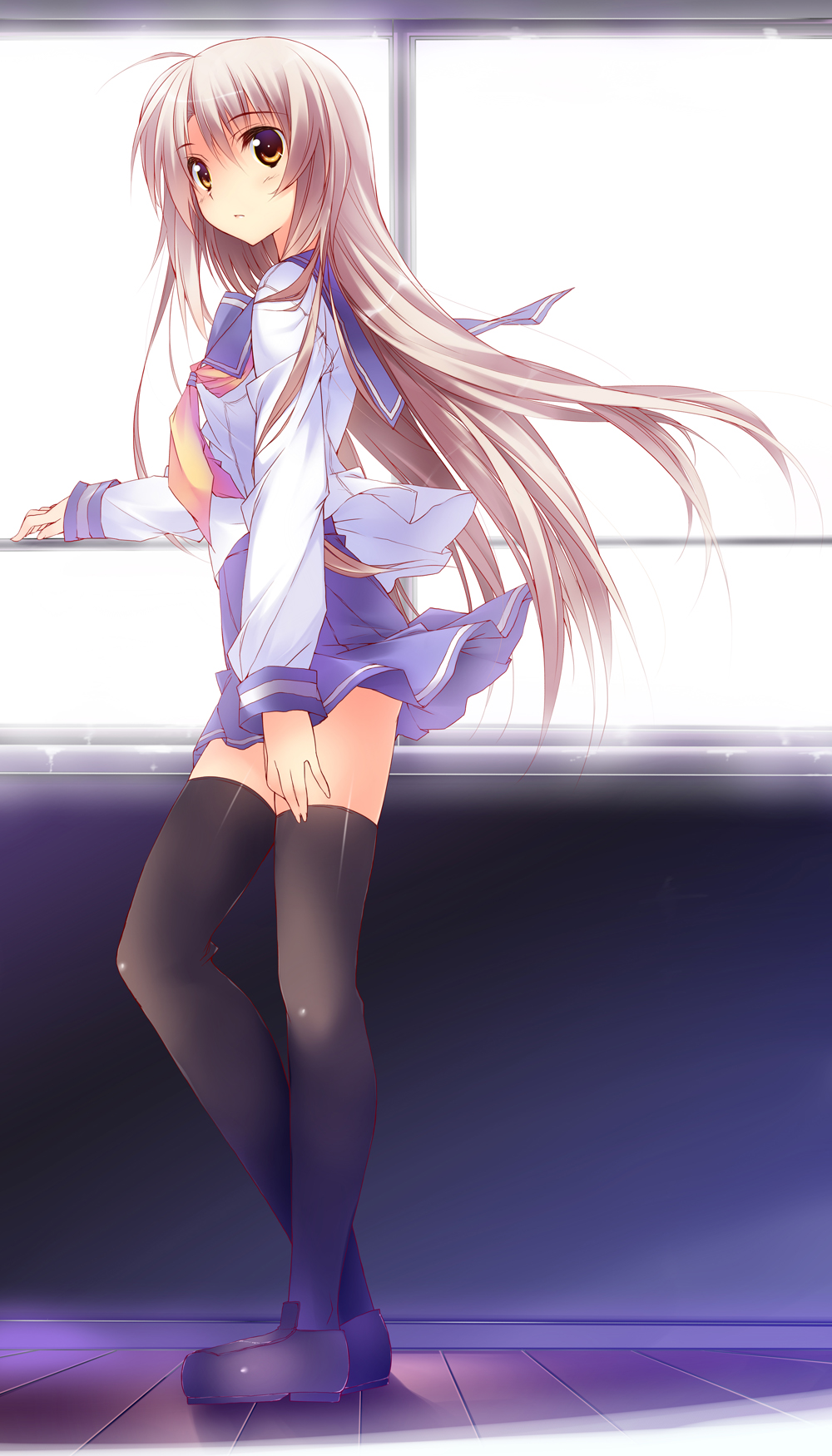 1girl, black_thighhighs, blush, brown_eyes, female_focus, full_body, futami_shion, highres