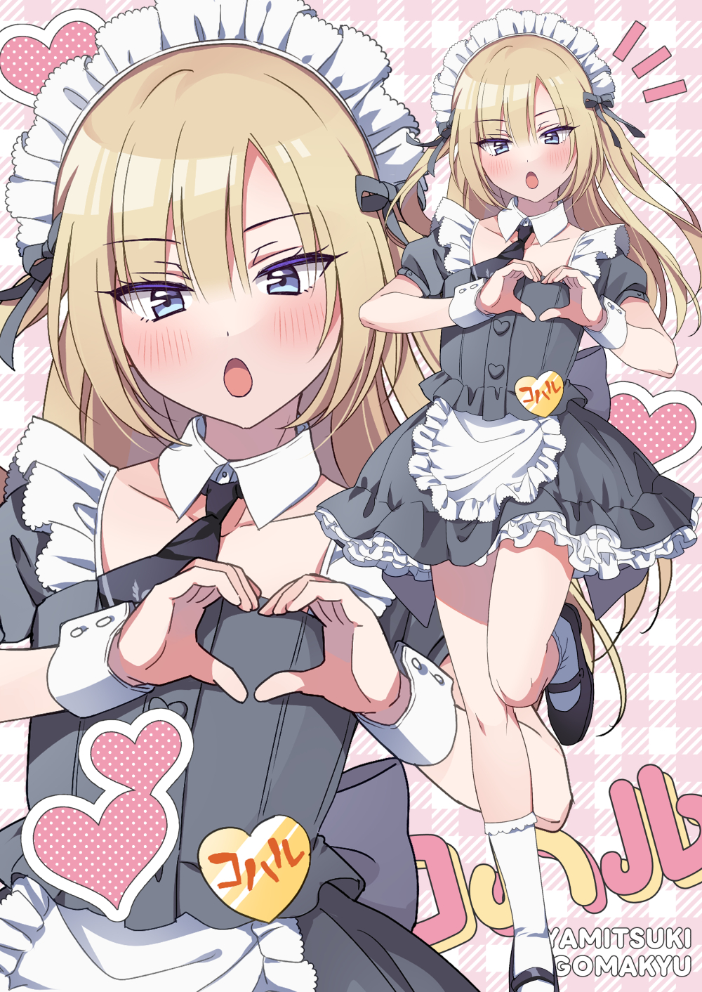 1boy, :o, apron, blonde_hair, blue_eyes, bow, collarbone, crossdressing, crossdressing_(mtf), detached_collar, hair_bow, hair_ribbon, heart, heart_hands, highres, kohaku_(riku), maid, maid_headdress, mary_janes, multiple_views, name_tag, necktie, original, pink_background, plaid_background, polka_dot_heart, puffy_short_sleeves, puffy_sleeves, ribbon, riku_(melty_drop), shoes, short_sleeves, socks, trap, two_side_up, waist_apron, white_socks, white_wrist_cuffs, wrist_cuffs, zoom_layer