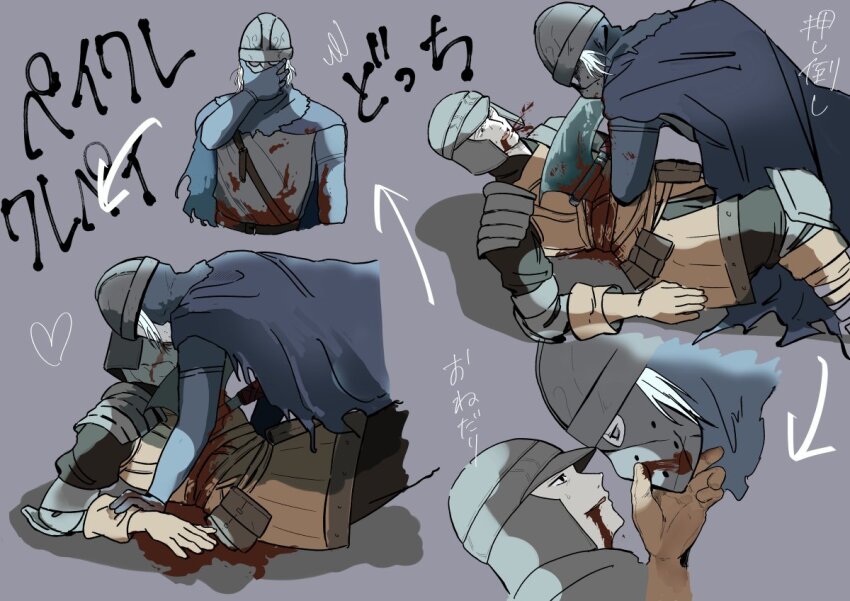 2boys, armor, black_pants, black_shirt, blood, blood_on_face, blue_cape, brown_gloves