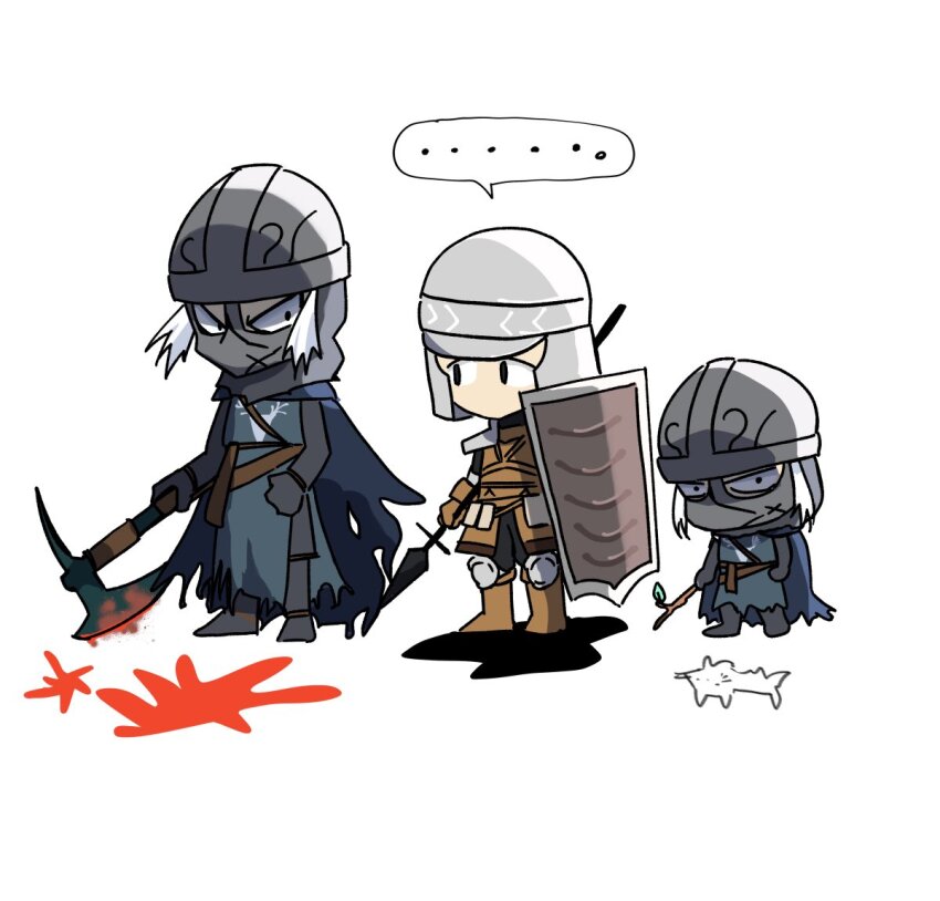 2boys, axe, black_eyes, blood, blue_cape, blue_tunic, boots, brown_boots