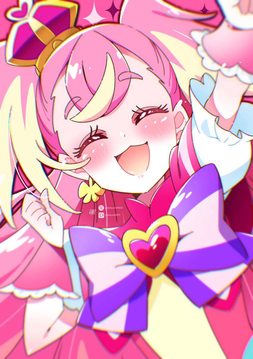 1girl, :3, :d, absurdres, artist_name, blonde_hair, bow, bowtie