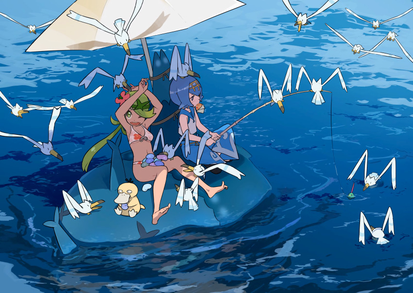 2girls, baggy_pants, barefoot, bikini, blue_hair, capri_pants, commentary_request, eating