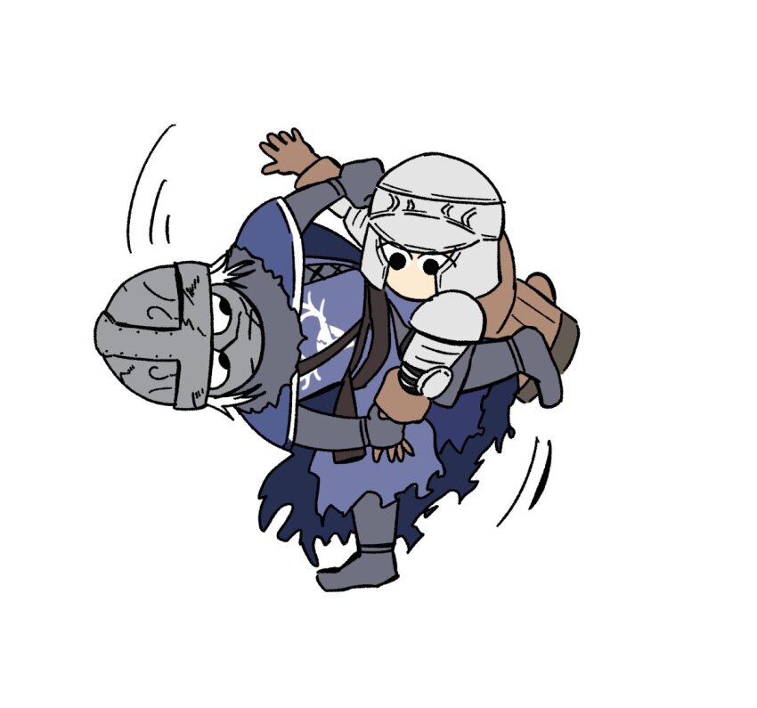 2boys, black_eyes, blue_cape, blue_tunic, boots, brown_boots, brown_gloves, brown_vest, cape, chibi, chibi_only, closed_eyes, commentary_request, creighton_of_mirrah, dark_souls_(series), dark_souls_ii, full_body, gloves, helmet, kicking, male_focus, mask, masked, mild_mannered_pate, multiple_boys, no_mouth, short_hair, simple_background, totarou, tunic, vest, white_background