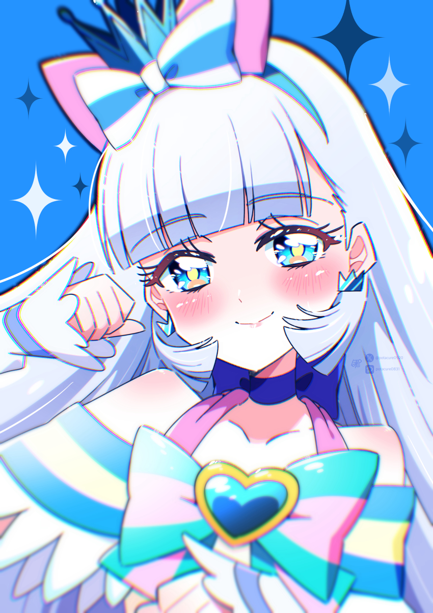 1girl, absurdres, aqua_bow, aqua_bowtie, artist_name, blue_background, blue_choker, blue_crown