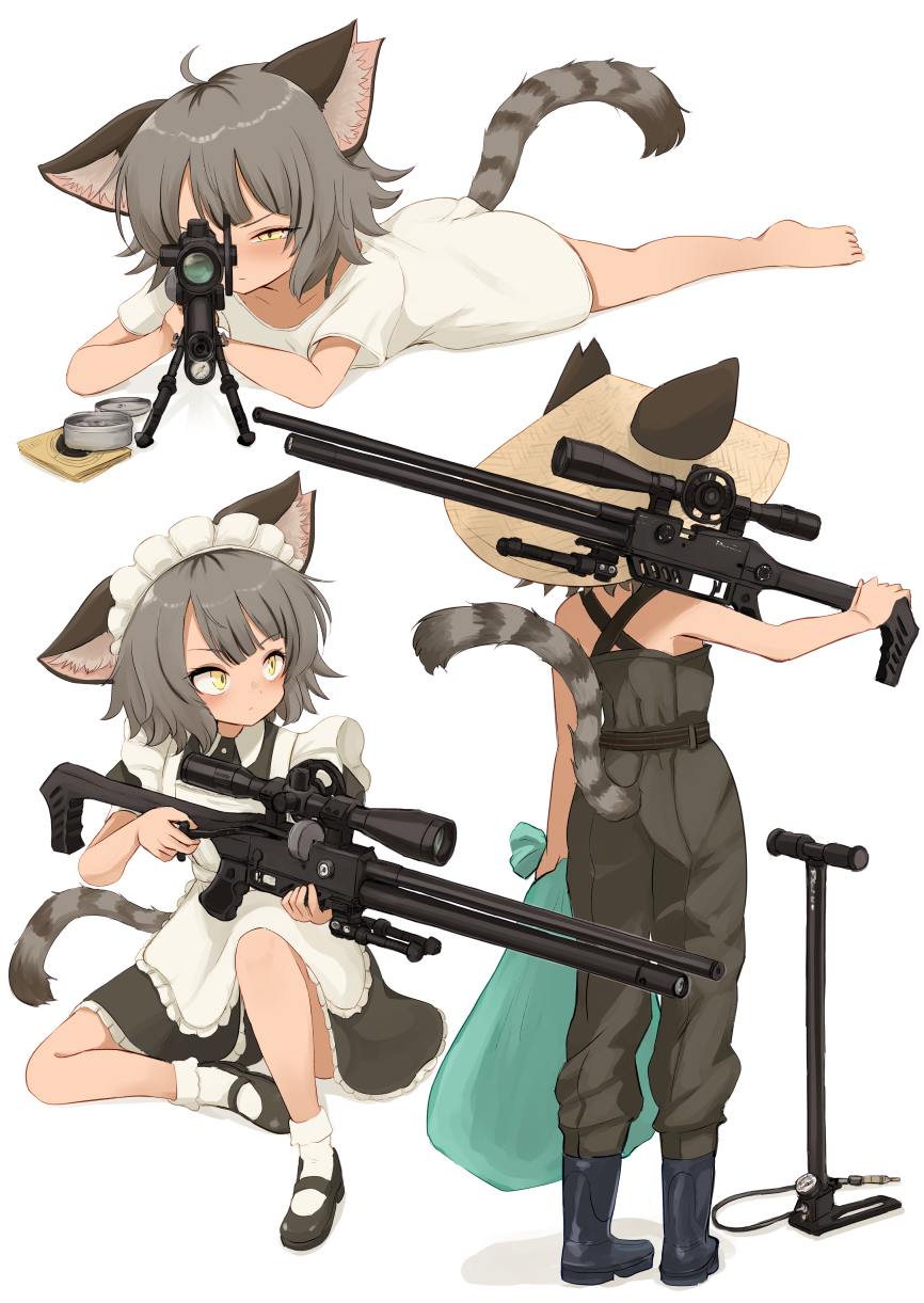 1girl, ahoge, aiming, aiming_at_viewer, air_gun, animal_ear_fluff, animal_ears, apron, bag, bare_legs, bare_shoulders, barefoot, batta_(kanzume_quality), belt, bipod, black_boots, black_dress, black_shoes, boots, brown_belt, cat_ears, cat_girl, cat_tail, closed_mouth, collarbone, commentary_request, conical_hat, dress, frilled_apron, frilled_dress, frills, from_behind, full_body, grey_hair, grey_tail, gun, highres, holding, holding_bag, holding_gun, holding_weapon, lying, maid, maid_apron, maid_headdress, mary_janes, multiple_views, on_stomach, original, over_shoulder, overalls, puffy_short_sleeves, puffy_sleeves, pump, reloading, rubber_boots, scope, shirt, shoes, short_hair, short_sleeves, simple_background, sitting, socks, solo, squinting, standing, striped_tail, suspenders, tail, target, valve, waist_apron, weapon, weapon_over_shoulder, white_apron, white_background, white_shirt, white_socks, yellow_eyes