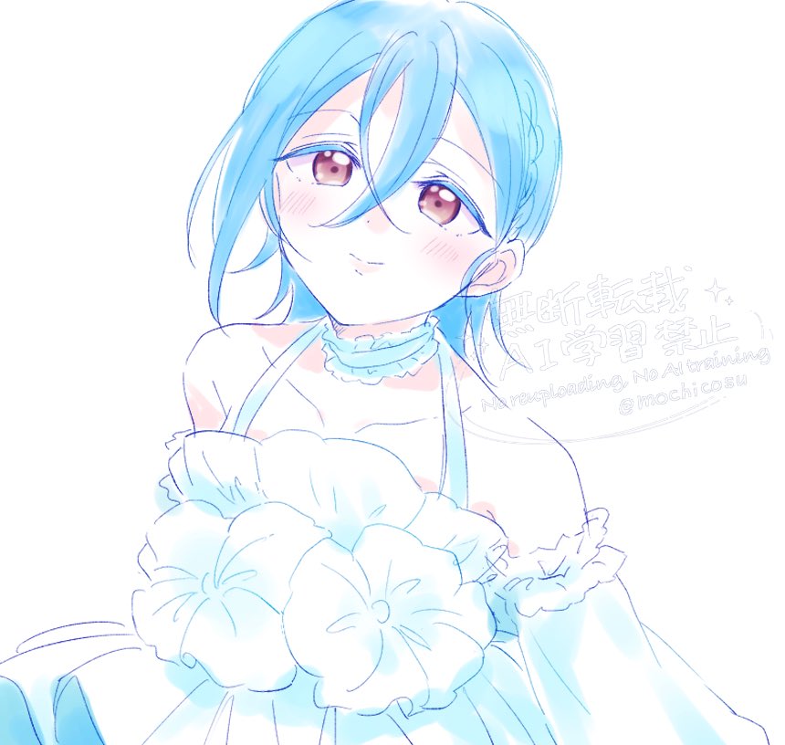 1girl, bare_shoulders, blue_hair, braid, brown_eyes, closed_mouth, collarbone, commentary