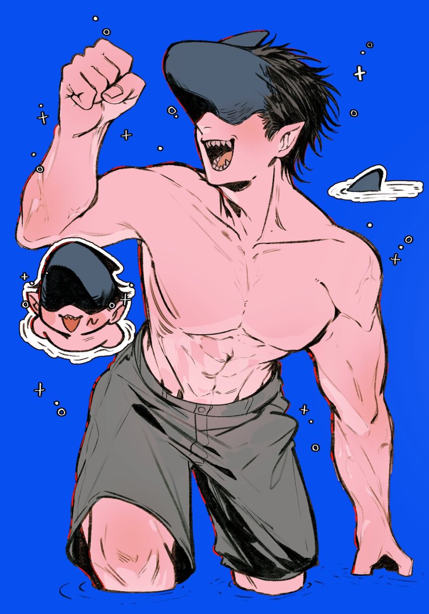 1boy, abs, beam_(chainsaw_man), black_hair, blue_background, chainsaw_man, chibi, collarbone