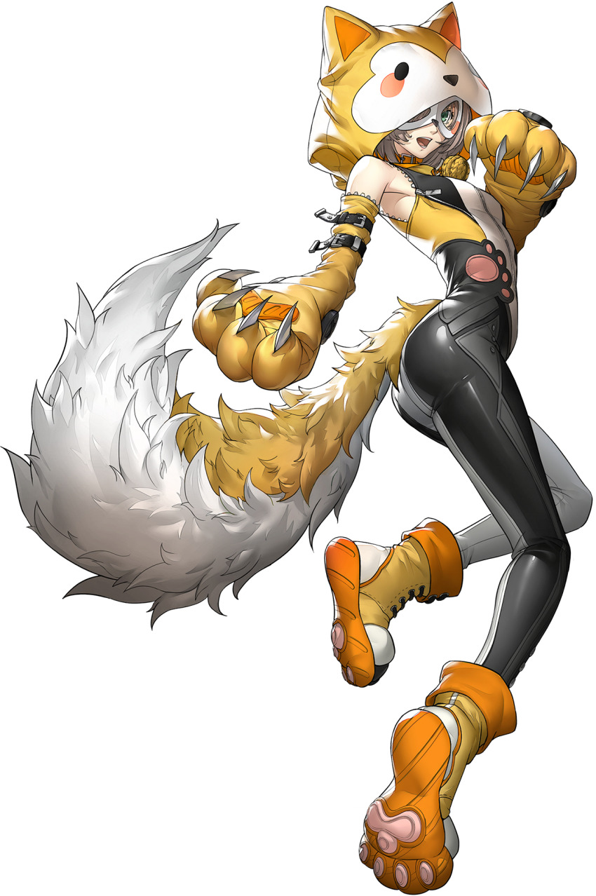 1girl, animal_hands, animal_hood, artist_request, dog_hood, dog_tail, dogenzaka_runa, fake_tail, gloves, green_eyes, grey_hair, highres, hood, howler_(p5x), official_art, open_mouth, paw_gloves, paw_shoes, persona, persona_5, persona_5:_the_phantom_x, shichi-kun, solo, tail, third-party_source, transparent_background